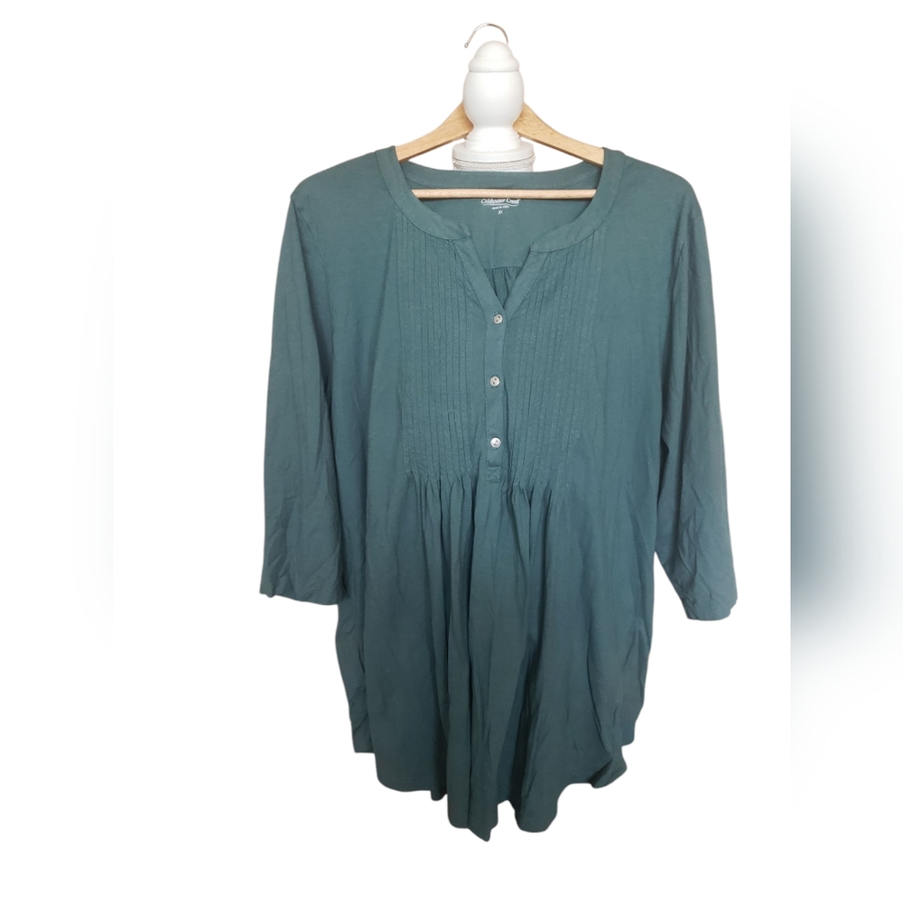 Coldwater Creek Womens Pintucked 3/4 Sleeve Top Size 3X Bamboo Green Peasant